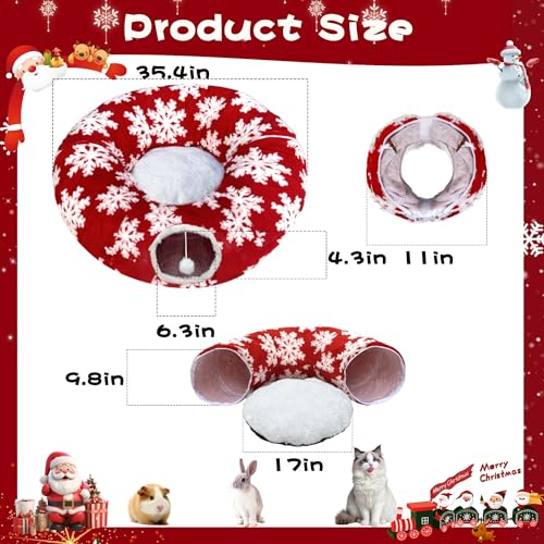 LUCKITTY Christmas Snowflake Print Cat Tunnel Under Tree, Velvet-Touch Jacquard Fabric with Hanging Plush Ball, 10-Inch Diameter 3-Ft Wide Round Pet Tube - Plush & Festive Cat Diversion Red