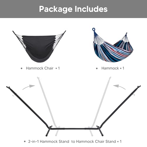 SUNCREAT 2-in-1 Hammocks Hammock Chair with Stand, 475 lbs Capacity, Heavy Duty Two Person Hammock with Stand, Patent Pending, Blue Stripe