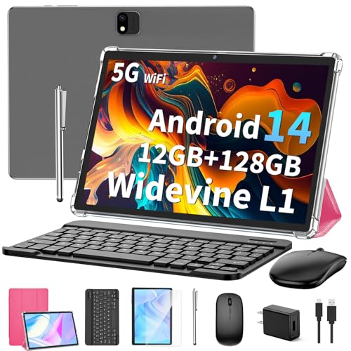 Android 14 Tablet with Keyboard, 12GB RAM (6+6), 128GB Storage, 1TB Expandable, 8000mAh Battery, 10 Inch 2-in-1 Tablets, Includes Case, Mouse & Stylus（Black）