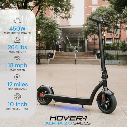 Hover-1 Alpha 2.0 Foldable Electric Scooter with 450W Brushless Motor, 18 mph Max Speed, 10” Air-Filled Tires and 12 Mile Range