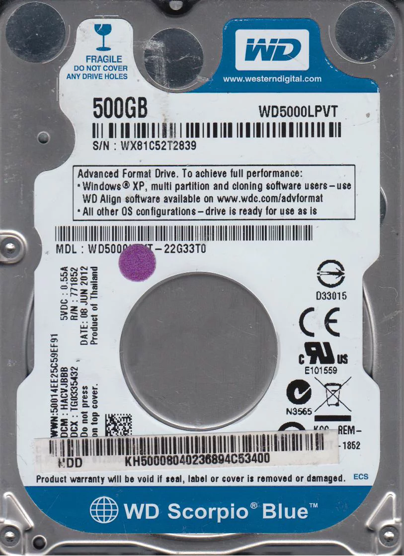 WD5000LPVT-22G33T0, DCM HACVJBBB, Western Digital 500GB SATA 2.5 Hard Drive