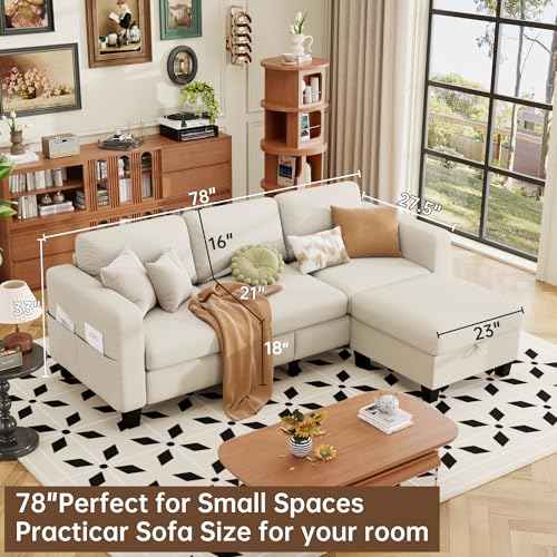 Sectional and Sofa Couches for Living Room - 78'' 3 Seater L-Shaped Modular Couch with Storage Ottoman - Modern Linen Fabric Upholstered Sofa Set for Small Space Apartment Office Bedroom