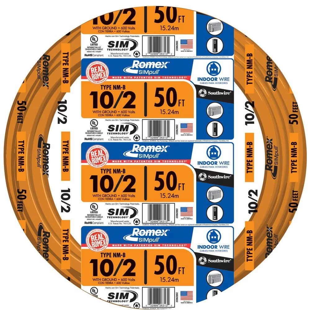 Southwire 28829022 50' 10/2 with ground Romex brand SIMpull residential indoor electrical wire type NM-B Orange