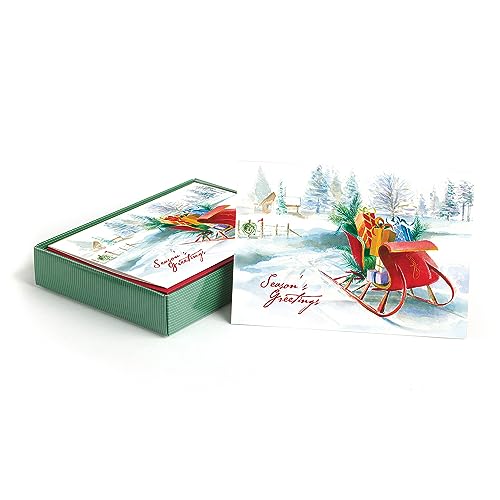 Masterpiece Holiday Greetings Trimmed In Scarlet Christmas Cards / 16 Boxed Snowy Cardinal Wreath Holiday Cards With Silver Foil Lined Envelopes / 5 5/8
