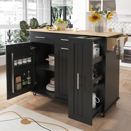 Rolling Kitchen Island on Wheels with Storage 3 Tier Cabinet and Drawers, Table with Towel and Spice Rack, Cart with Drop Leaf and Power Outlet (Type P. Black)