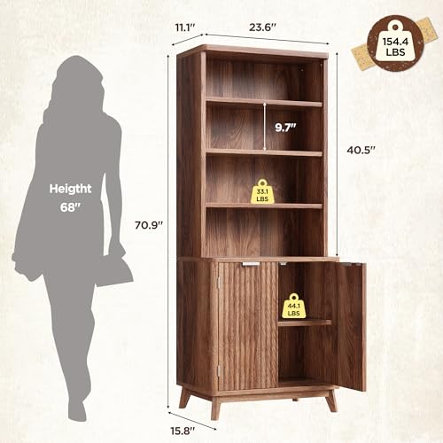 Tall Bookshelf with Doors, 6-Tier Bookcase with Adjustable Shelves & Storage,Mid-Century Modern Wooden Book Shelf for Home Office, Living Room, Kitchen,Natural