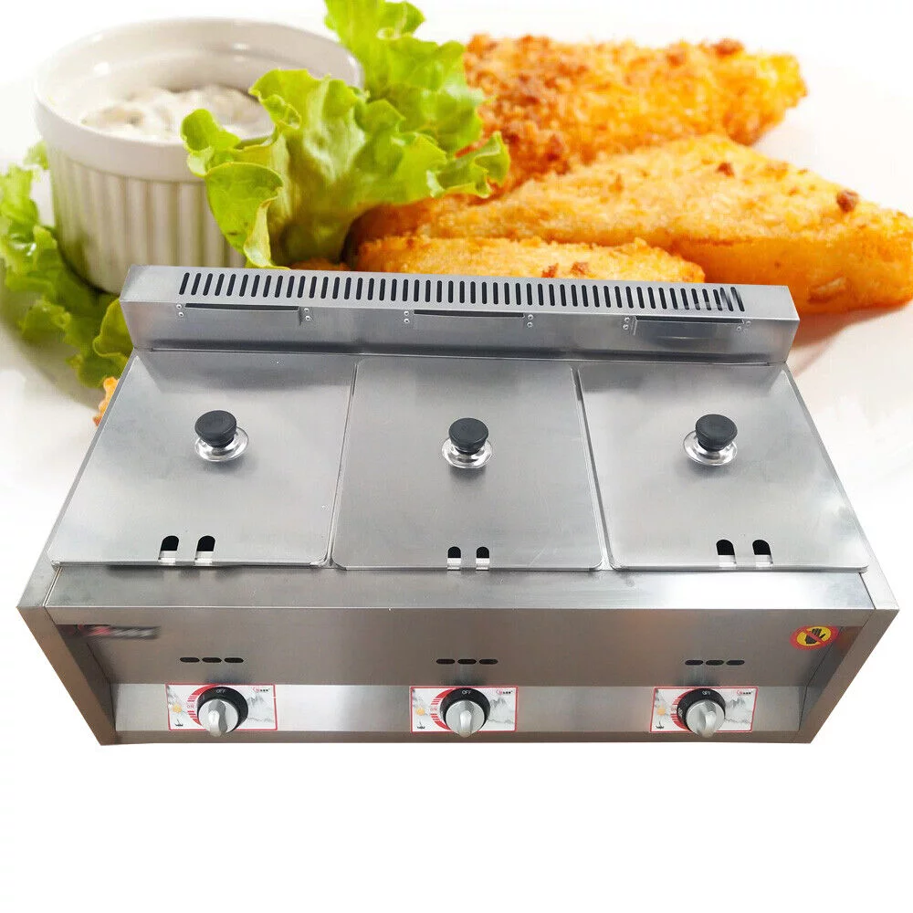 18L Propane NG Gas Fryer Catering Warmer Steam Table Buffet Restaurant 3 Pan 50 ~ 380 ° C Temperature Control