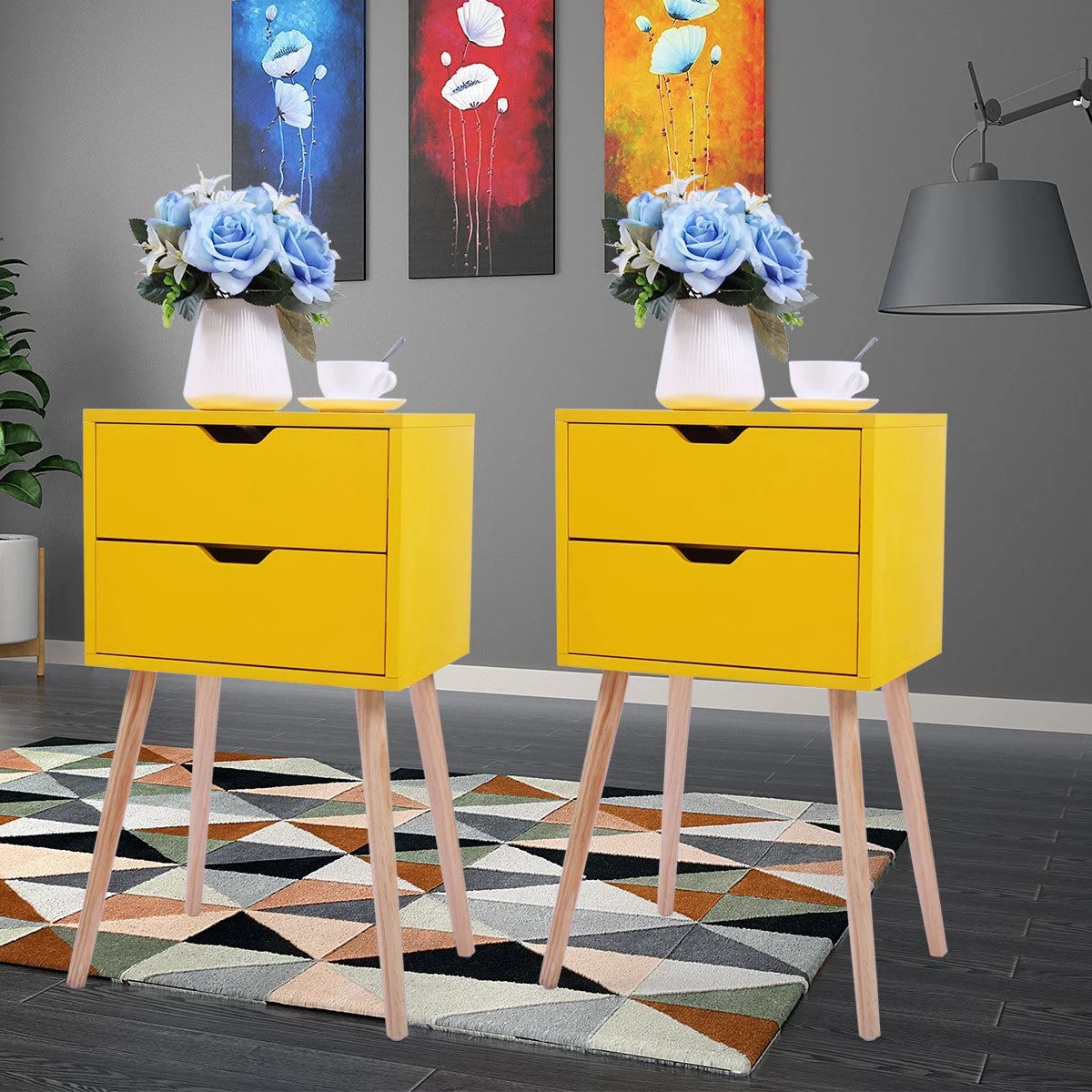 Minority Set of 2 Nightstand with 2 Storage Drawer  Accent Solid Wood Side End Table for Home Living Room Bedroom  Yellow