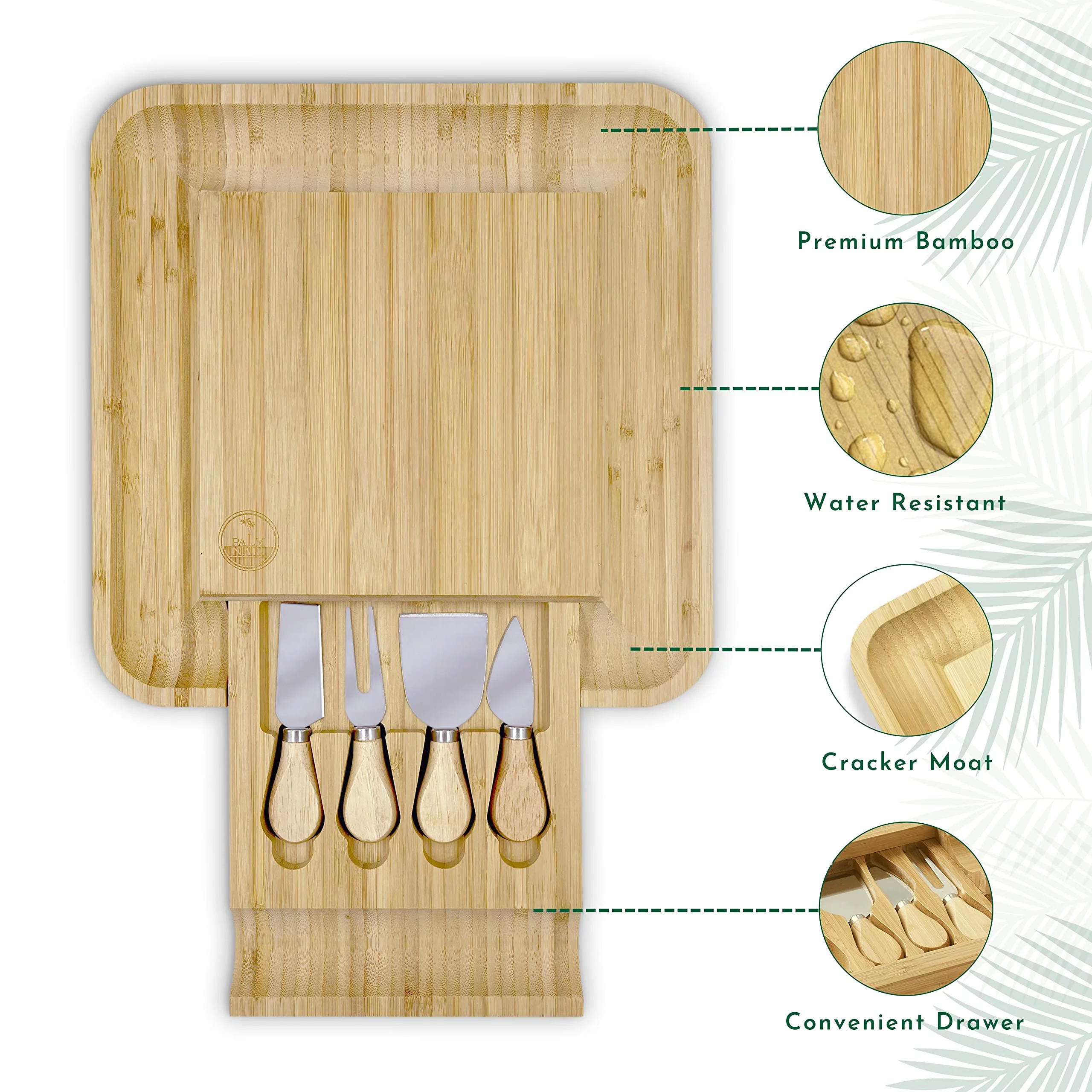 Palm Naki Bamboo Cheese Board and Knife Set - Charcuterie Board with Knife, 13 Large Charcuterie Platter and Serving Tray, Housewarming Gift, Wedding and Anniversary Gift
