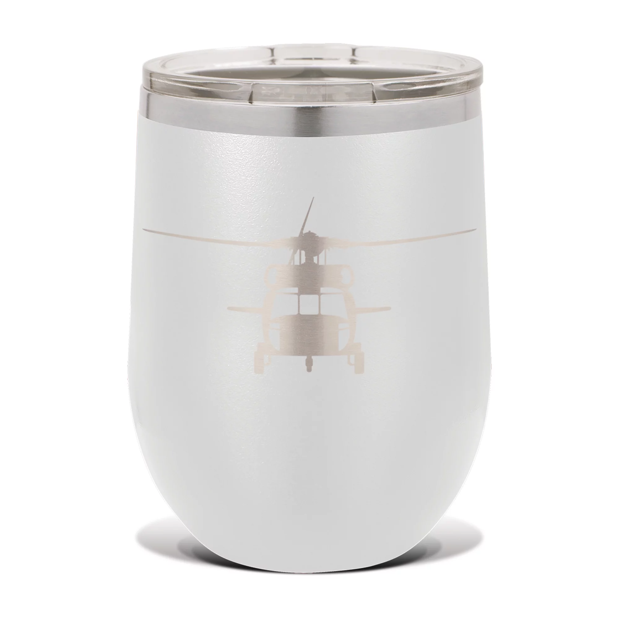 UH-60 Blackhawk Wine Tumbler 12 oz - Laser Engraved - Polar Camel - Stainess Steel - Vacuum Insulated - Double Walled - Wine Glass - Stemless - Drinkware Clear Lid - uh60 s-70 s70 - White