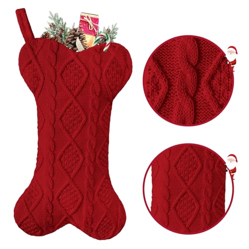 Malier Dog Christmas Stocking, Knit White Christmas Stocking for Dogs, Bone Shape Dog Stocking Christmas Large Pet Stockings Hanging Dog Christmas Stocking for Dogs Cats Pets (White)