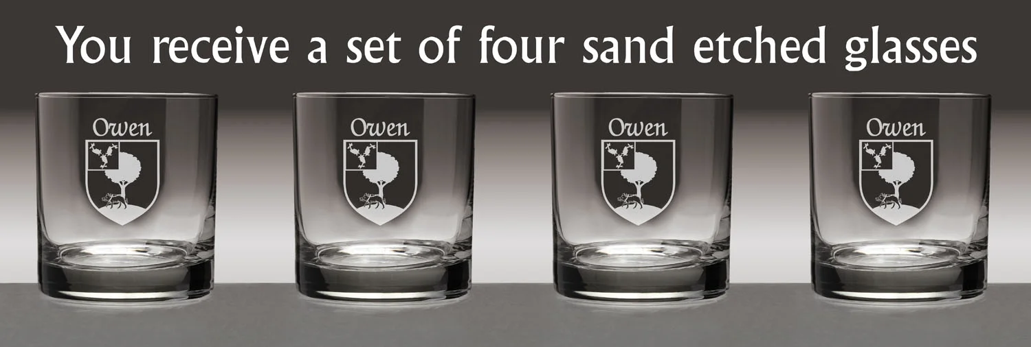 Owen Irish Coat of Arms Tumbler Glasses - Set of 4 (Sand Etched)