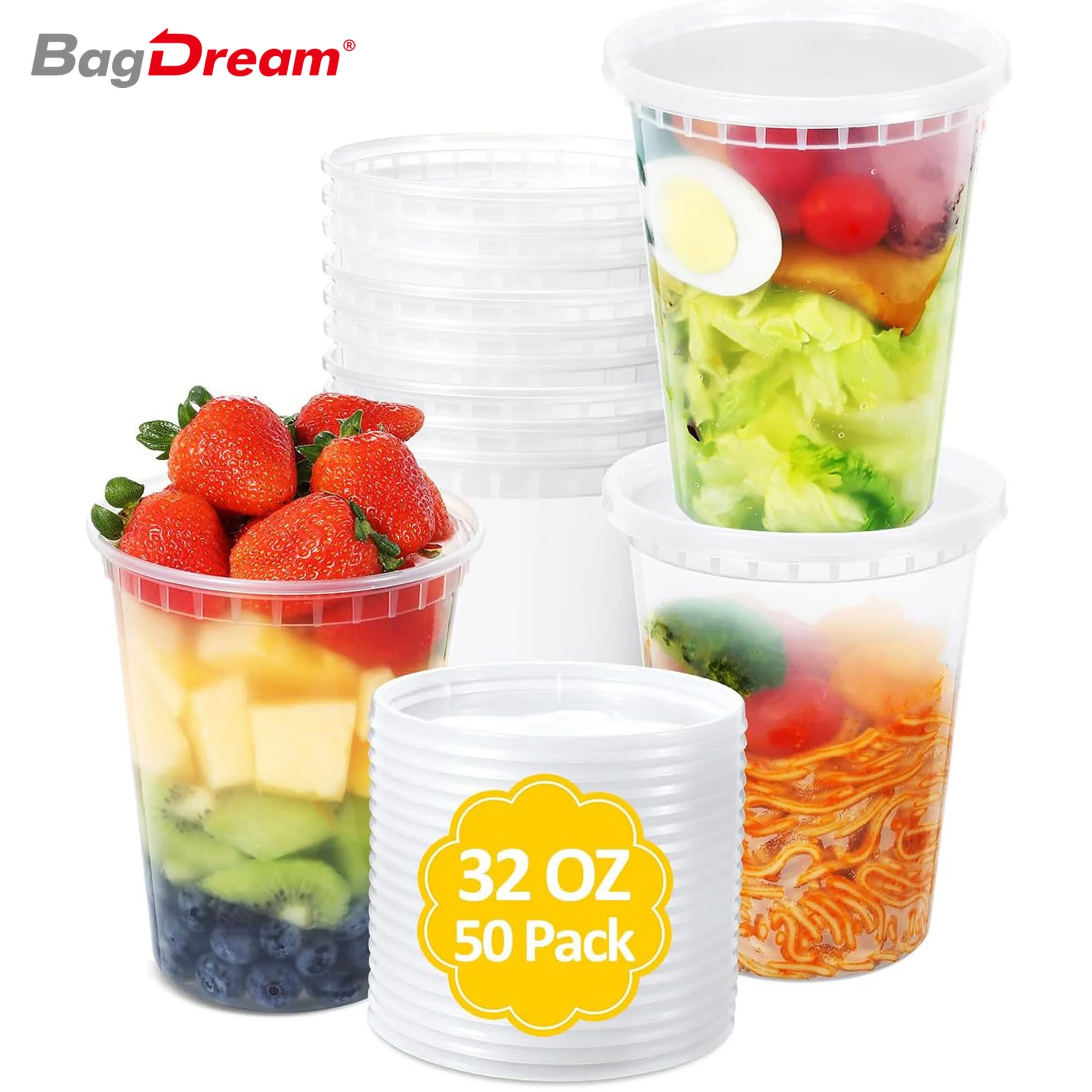 BagDream Deli Containers with Lids 32oz 50 Set Plastic Food Storage Containers with Airtight Lids, Leak proof Freezer Containers for Meal Prep