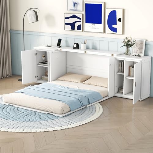 Queen Size Murphy Wall Bed With Storage and Bookcase Headboard, Solid Wood Cabinet With Shelves and USB Ports, Multi-Function Platform Floor for Home Office, Guest Room (White)