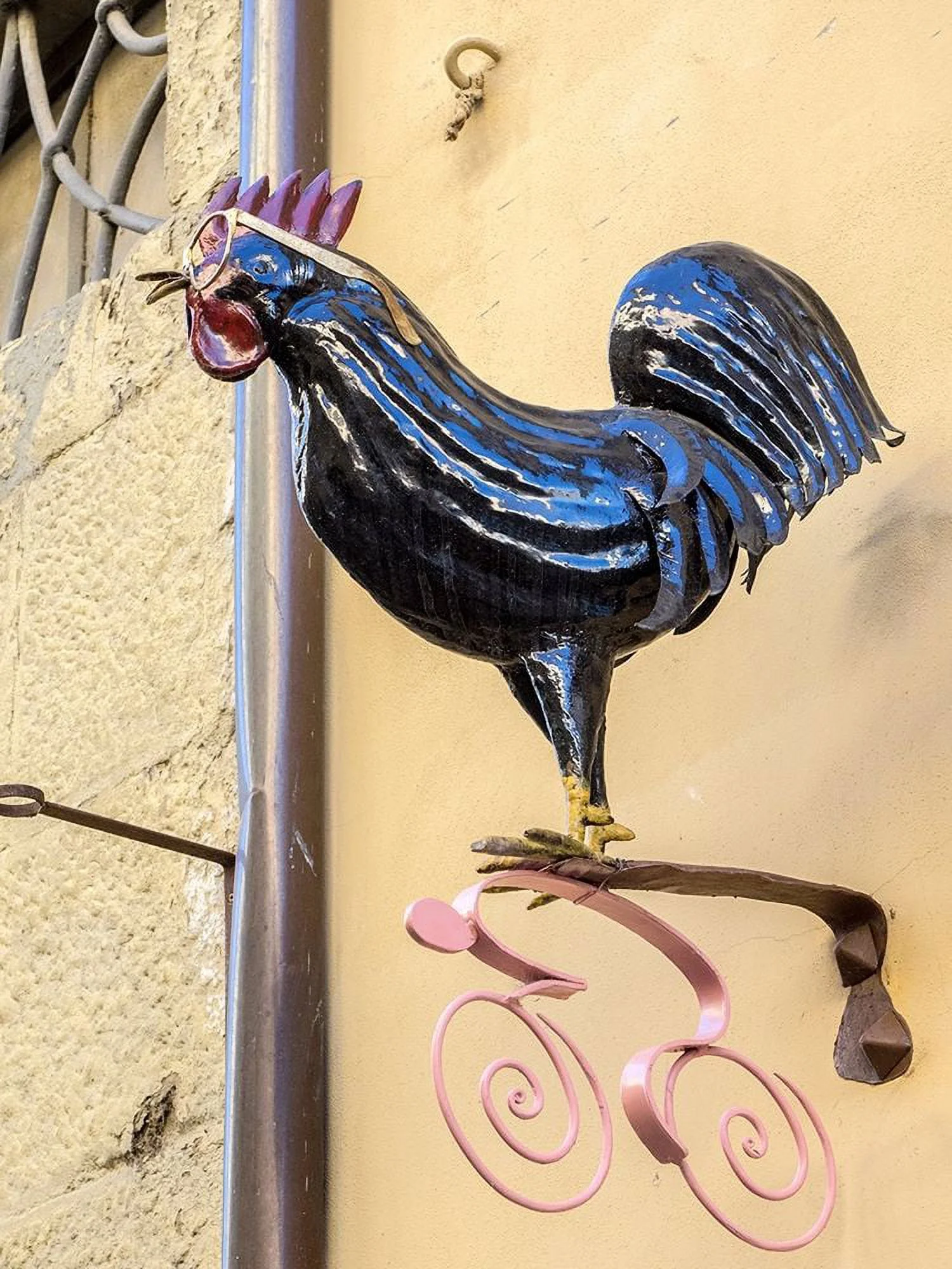 Eggers, Julie 19x24 Black Ornate Wood Framed with Double Matting Museum Art Print Titled - Italy-Chianti Rooster with glasses above a shop in Radda in Chianti