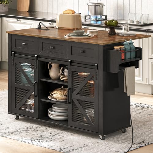 Kitchen Island with Storage, Kitchen Cart with Charging Station, Rolling Kitchen Island Table with Drop-Leaf, 3 Drawers, Barn Doors, Towel Rack and Spice Rack, White and Natural