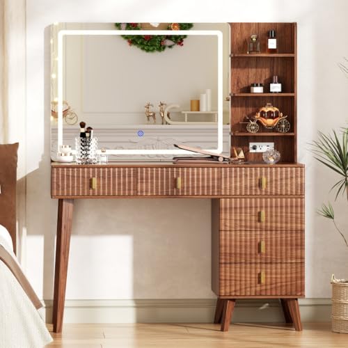 Fluted Makeup Vanity Desk with Large Mirror and Lights,Modern Glass Top Big Vanity Desk with 6 Drawers & Storage Shelves, Vanity Table with Power Outlet, Dressing Table for Bedroom,Walnut1