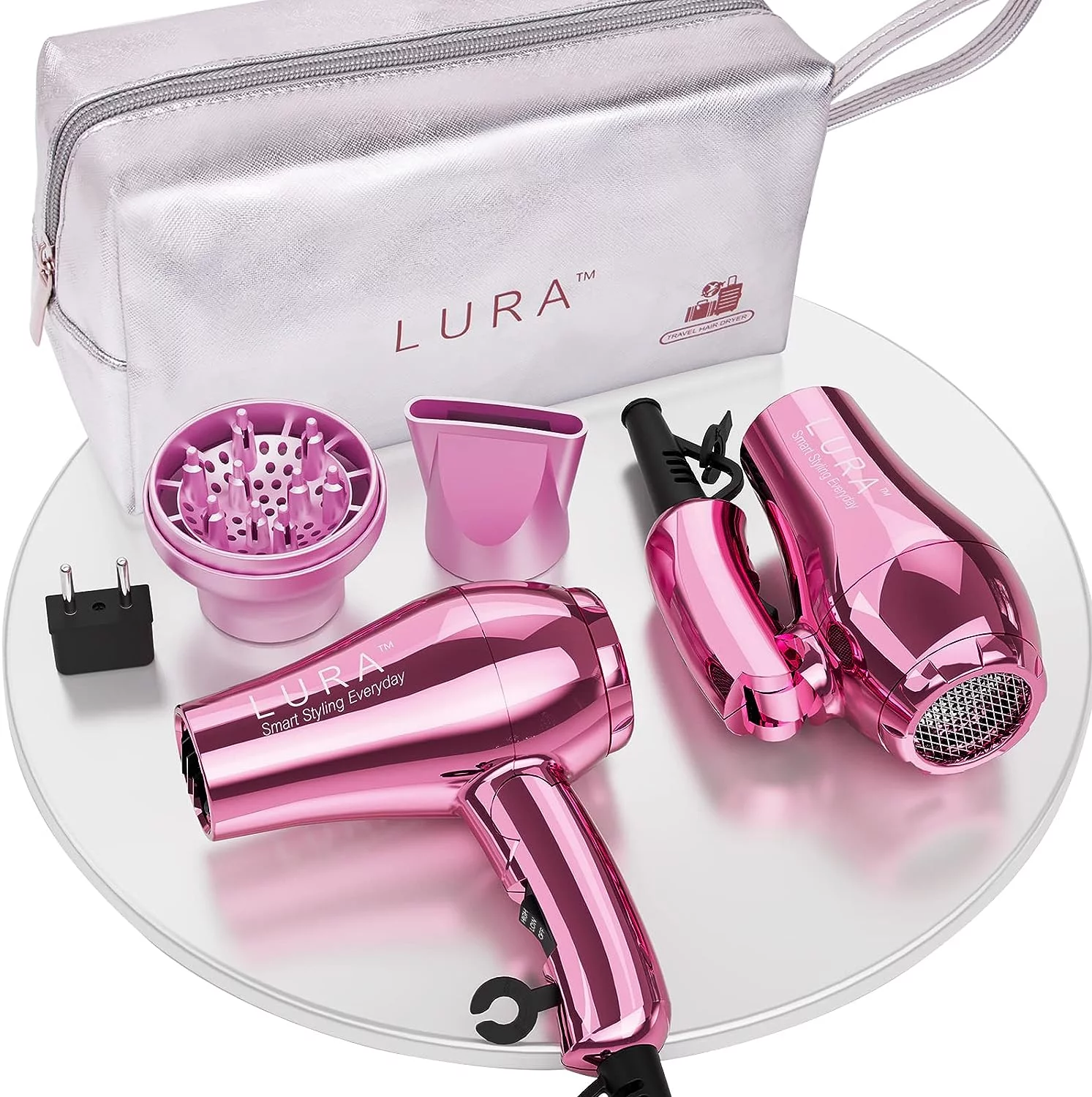 Lura Portable Travel Hair Dryer Dual Voltage Small Mini Blow Dryer with EU Plug Folding Handle,with Concentrator & Diffuser Attachment