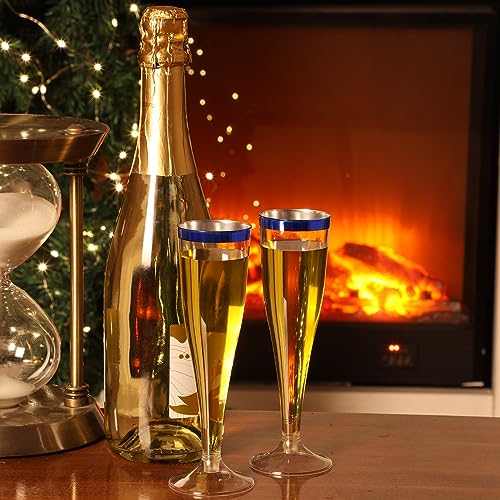 Zubebe 100 Pcs Plastic Champagne Flutes 4.5oz Classic Champagne Clear Plastic Cups Wedding Party Toasting Cocktail Cups Bulk Home Toasting Drinking Party(Blue)
