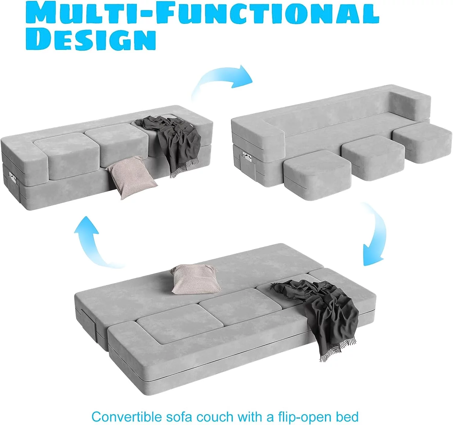 Kids Couch with 3 Ottomans, Wanan Toddler Couch for Playroom Bedroom, 5 in 1 Modular Kids Couch Fold out Sofa Kids Floor Sofa for Toddler and Baby, Play Couch Sofa for Kids, Gray