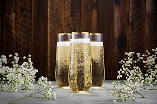 Munfix 48 Pack Stemless Plastic Champagne Flutes Disposable 9 Oz Gold Rim Clear Plastic Toasting Glasses Shatterproof Recyclable and BPA-Free