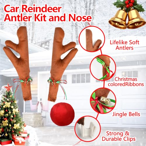 Car Reindeer Antler Kit Nose, Christmas Car Reindeer Antlers, Christmas Roofs Tops Decorations for SUV Van Truck- Add Holiday Spirit
