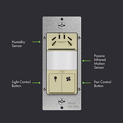 TOPGREENER Dual Tech Humidity Sensor Switch, Infrared PIR Motion & Air Moisture Detection, Bathroom Fan & Light Control, Adjustable Timing, Neutral Wire Required, UL Listed, TDHOS5, White