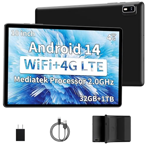 2025 10 inch Tablet Phone 4G LTE Cellular Tablets Android 14 Tablet with Sim Card Slot Unlocked 10GB+32GB with Protective Case with GPS 2.0GHz Processor 8MP Camera and 1TB TF Expandable