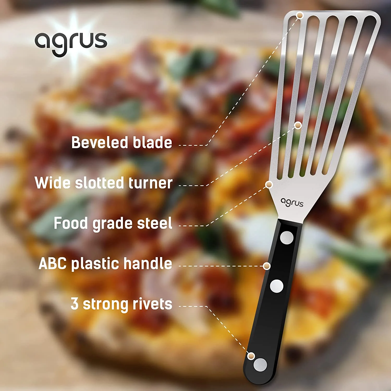AGRUS Fish Spatula Stainless Steel, Size 11 inch, Blade 6.5 inch, Plastic Handle, Flexible Metal, Angled Slotted Turner