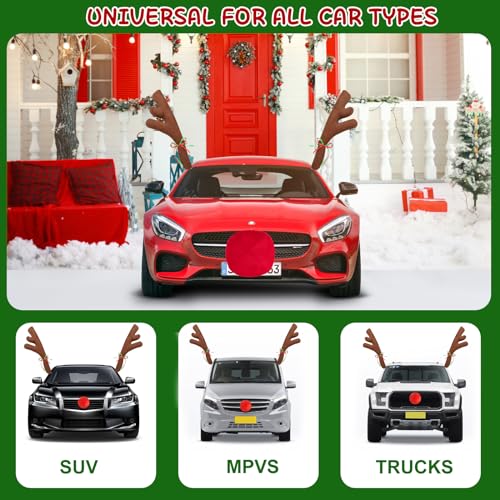 Car Reindeer Antler Kit Nose, Car Reindeer Antlers Christmas for Car Window Roof-Top & Front Grille, Auto Reindeer Antler and Nose Kit Decoration Set for Car SUV Van Truck by Hydencamm
