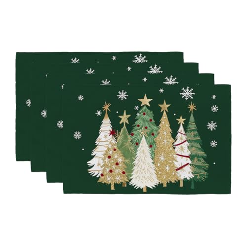 GEEORY Christmas Placemats 12x18 Inch Set of 4, Xmas Trees Snowflakes Winter Seasonal Holiday Farmhouse Kitchen Dining Table Decoration for Indoor Outdoor Dinner Party Décor (Green) GP127-18