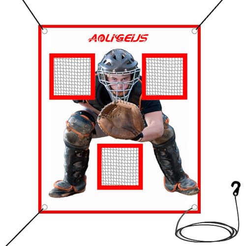 Adjustable Pitching Pad, 3 Pocket Strike Zone Target for Baseball & Softball Net, with Realistic Catcher for Accuracy Training