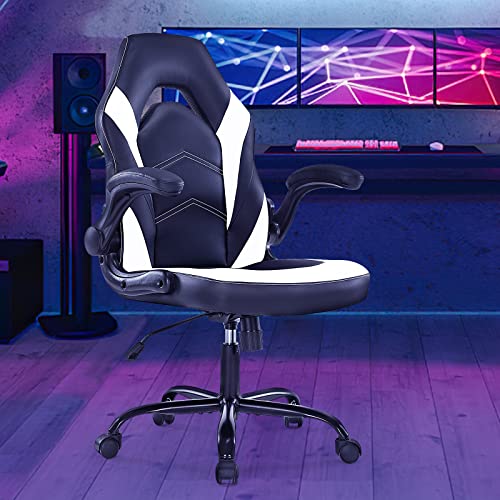 ZUNMOS PU Leather Office Flip-up Armrest with Soft Padded Height Adjustable Desk Computer Lumbar Support Swivel Chair for Gaming, Working, Studying, Black and White (YSS-3895-BW)