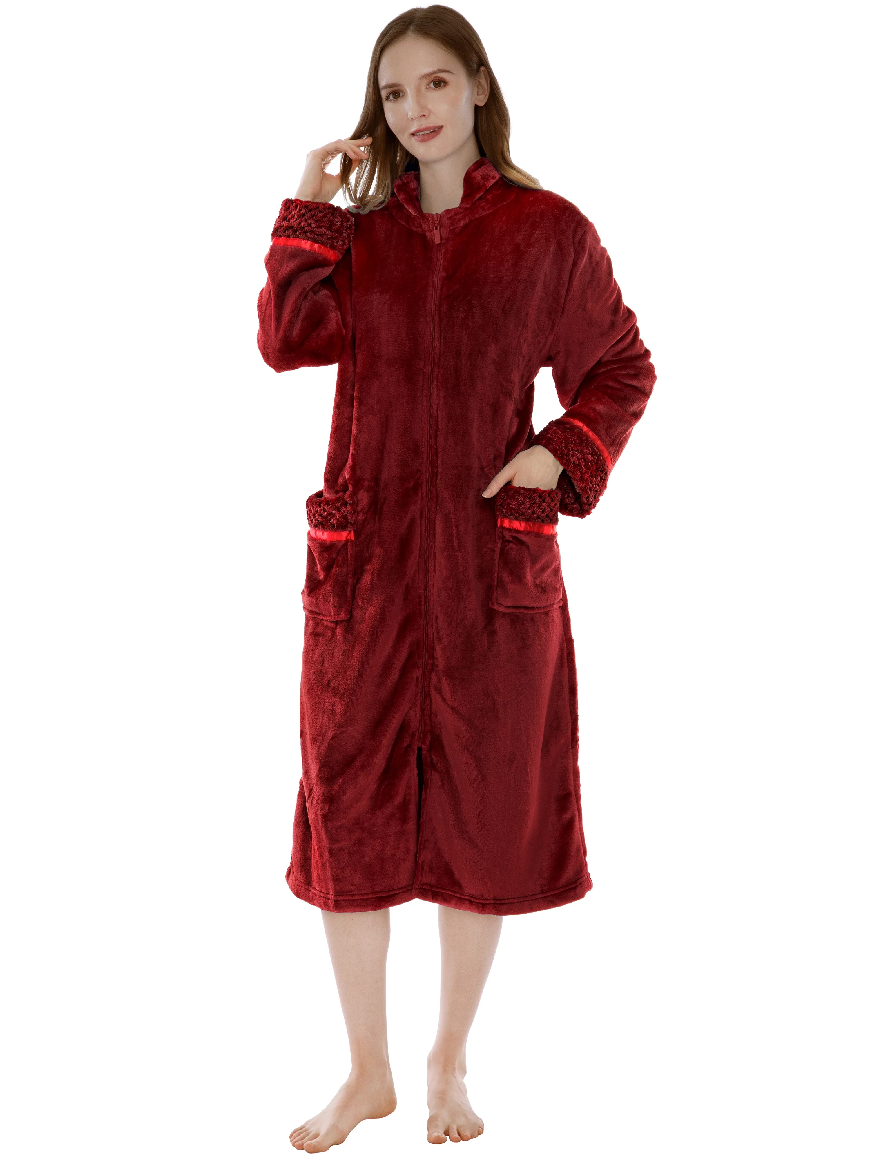 PAVILIA Womens Housecoat Zip Robe, Fleece Zip Up Front Robe Bathrobe, Plush Warm Zipper House Coat Lounger for Women Ladies Elderly with Satin Trim, Pockets, Long - Wine Red (Small/Medium)
