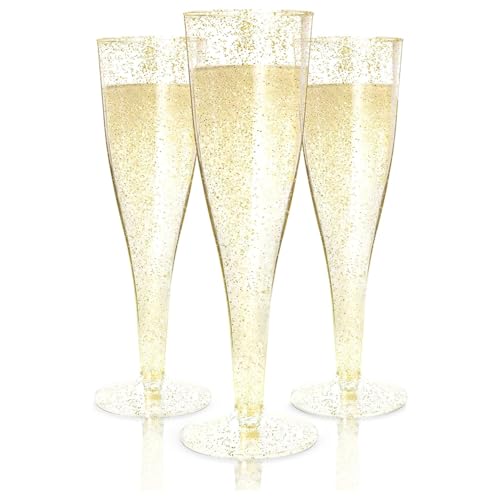 Prestee 48 Pack Champagne Flutes Plastic Disposable - Gold Glitter Flute Glasses for Champagne, Mimosa Bar, New Year's Eve 2025 Party Supplies, Wedding, Shower, Event - 4.5 oz Fairy Stemware