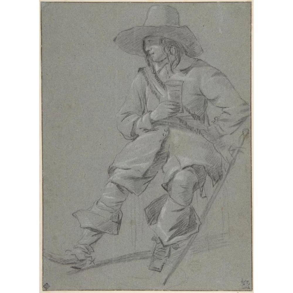 Gabriel Metsu 11x14 Black Modern Framed Museum Art Print Titled - Seated Cavalier with Glass (Mid-17th Century)