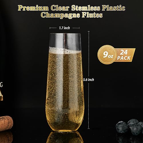 FOCUSLINE 24 Pack 9 Oz Plastic Stemless Gold Rim Champagne Flutes, Heavy Duty, Shatterproof, Disposable & Reusable Crystal Clear Toasting Glasses