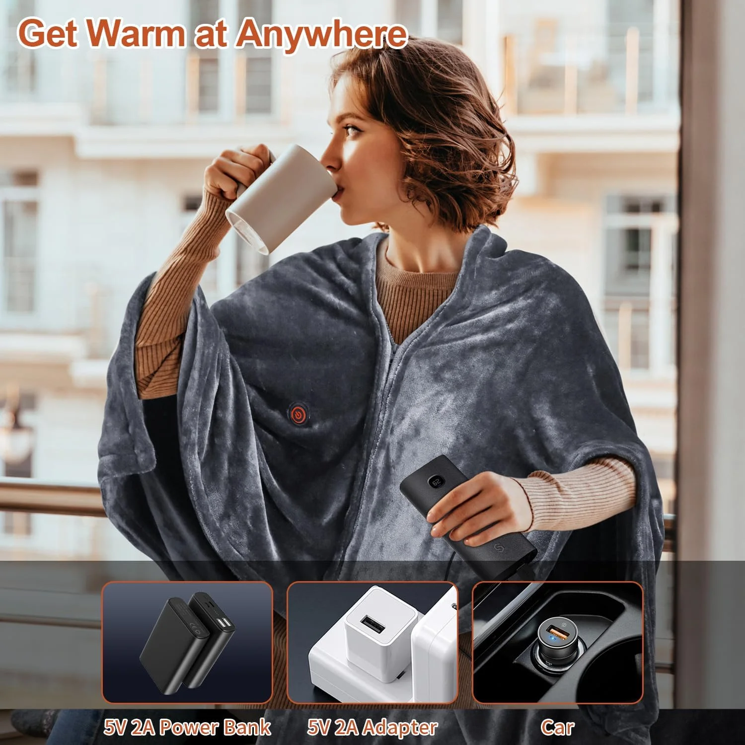 Portable USB Heated Blanket Shawl, 59” x 33” Wearable Heating Blanket for Gifts, Outdoor, Office, Camping(Without Power Bank)