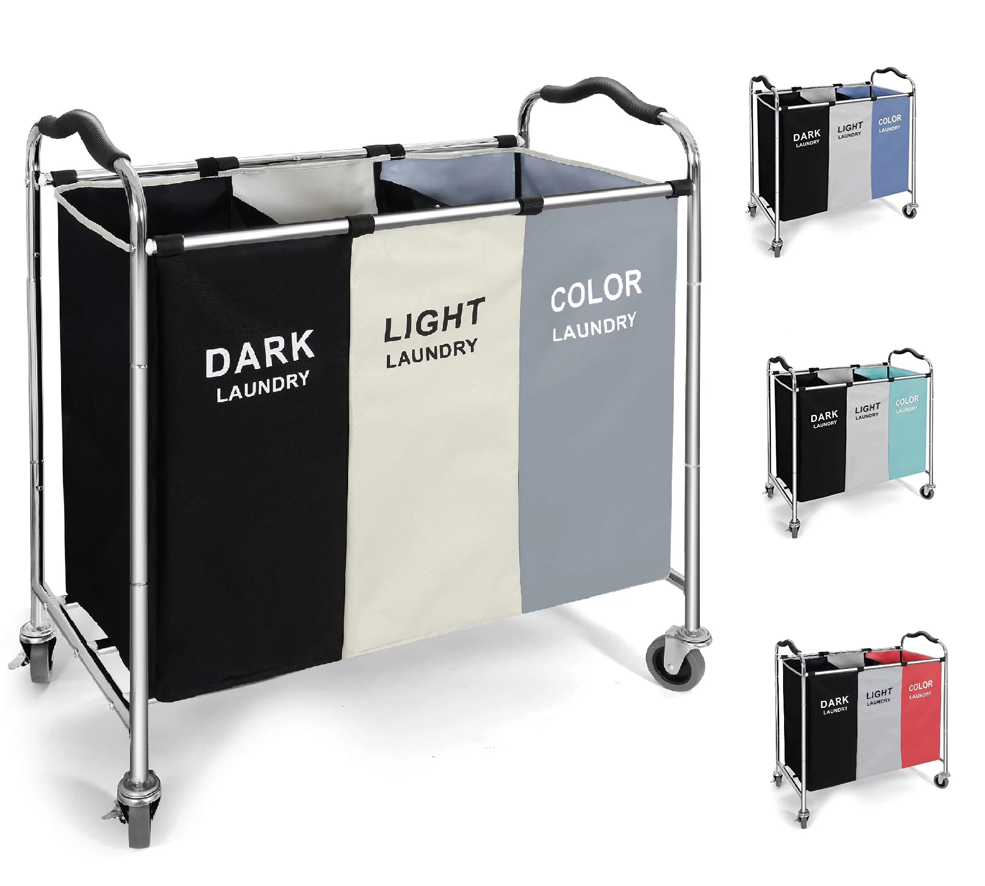 240L Large Laundry Hamper Laundry Basket Sorter 3 Section Bag Organizer with Frame and Wheels for Bathroom Bedroom Nursery Heavy Duty Laundry Cart Baskets for  Dirty Clothes Toys Towel