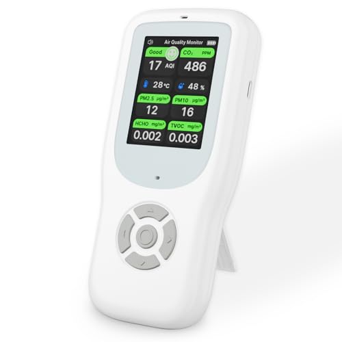 11-in-1 Air Quality Monitor - Portable Indoor Air Quality Detector with Stand, Real-Time Test for AQI, CO2, PM2.5, PM1.0, PM10, TVOC, HCHO, Particles, Temperature & Humidity with Aler (White-White)