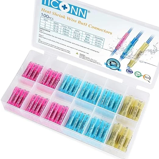 TICONN 100pcs Heat Shrink Butt Connectors Kit, Insulated Waterproof Electrical Marine Automotive Wire Crimp Terminals, Butt Splice (3 Colors / 3 Sizes) (100PCS)