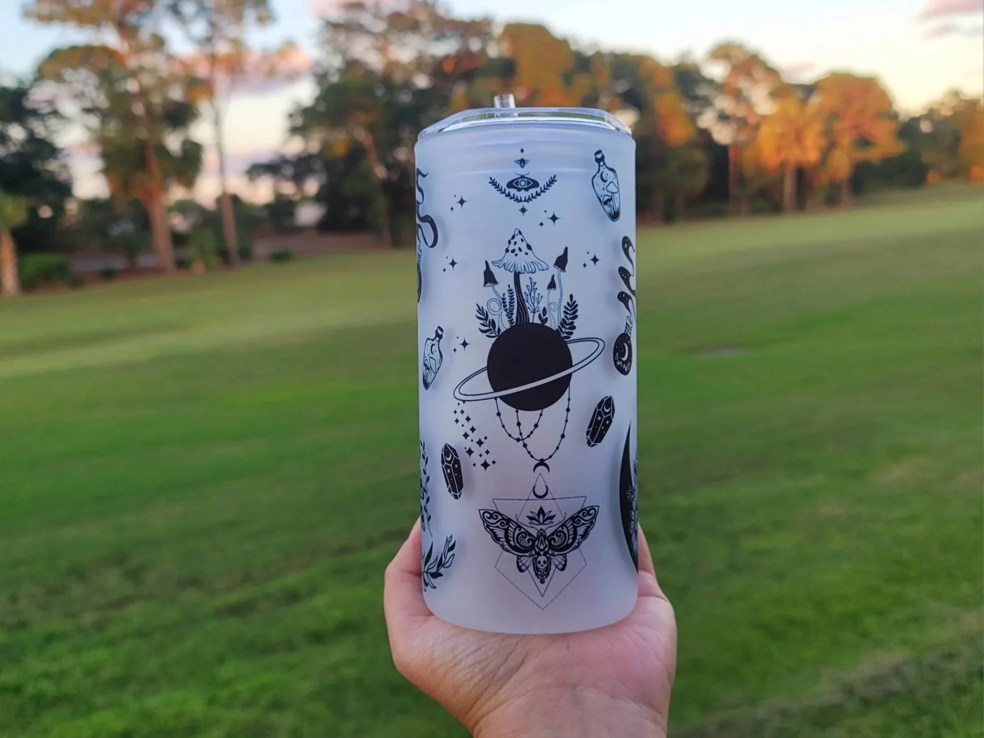 Mushroom Beer Can Glass | Boho Moth Coffee Glass | Aesthetic Coffee Glass | 20 oz