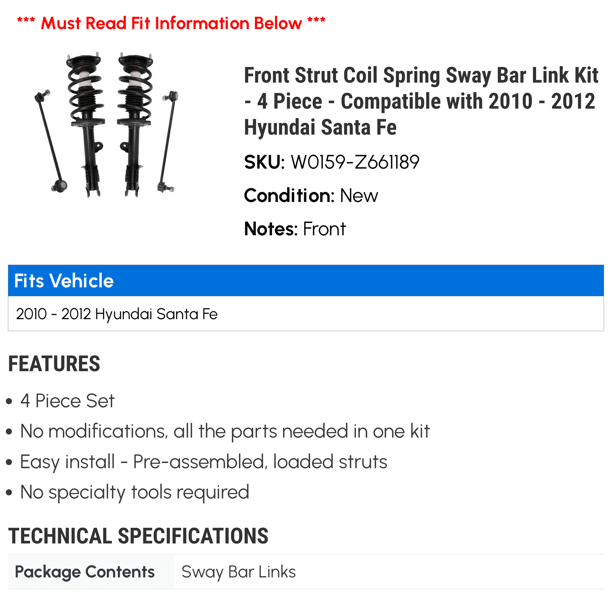 Front Strut Coil Spring Sway Bar Link Kit - 4 Piece - Compatible with 2010 - 2012 Hyundai Santa Fe 2011