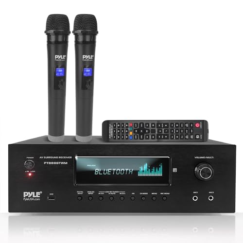 Pyle 1000W 5.2 Channel Home Theater Receiver - Bluetooth 5.0 - Amp w/ 2 UHF Wireless Mics - 4K UHD/3D/Blu-ray Pass-Through - MP3/USB/HDMI/AM/FM Radio - DSP EQ - Mic Echo & Volume Controls - PT888BTWM