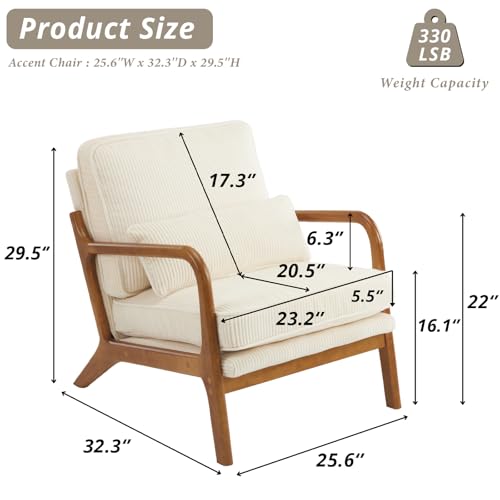 Karl home Mid-Century Modern Accent Chair, Living Room Chairs with Pillow Corduroy Upholstered Lounge Armchair with Solid Wood Frame & Soft Cushion for Bedroom, Reading Room, Beige