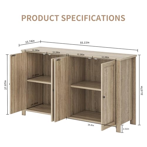 Buffet Cabinet with Storage Farmhouse Buffet Sideboard with 4 Doors, 55'' Large Kitchen Storage Cabinet Wood Coffee Bar Buffet Table for Kitchen, Dining Room, Entryway