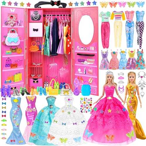 iBayda 139pcs 11.5-inch Fashion Doll and Wardrobe Playset: Wedding Dress, Outfits, Shoes, Bags, Necklace, DIY Stickers Accessories