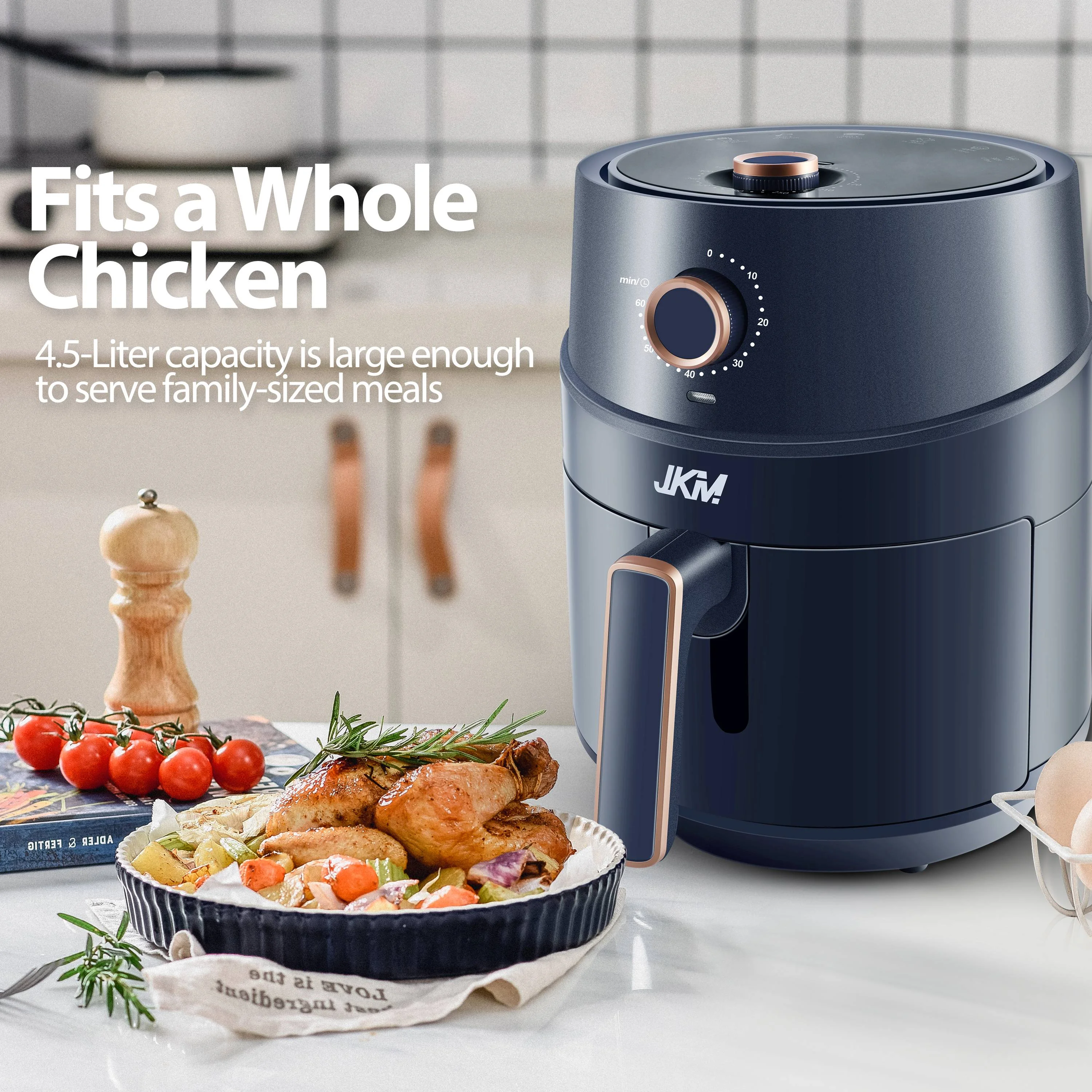 JKM Air Fryer 4.7 Quart, mechanical Air Fryer Oven, Adjustable Timer & Temp, No Oily Smoke Frying Cooking, Auto Shut Off, 1500W, Navy Blue