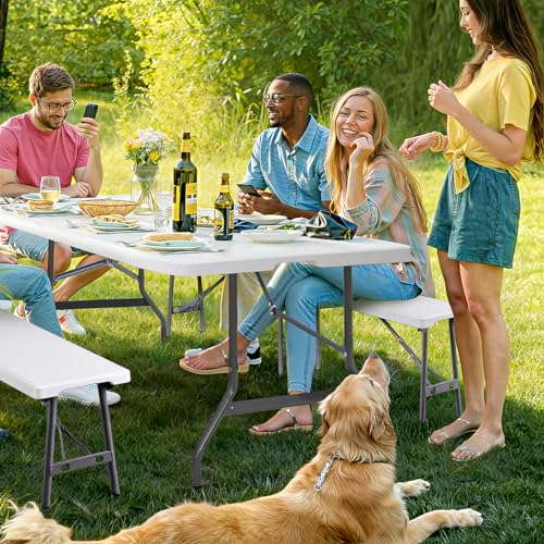 SUPER DEAL 6 FT Plastic Folding Bench, Portable Outdoor Bench with Handle & Non-Slip Mat, Waterproof Dining Seat for Picnic Party Garden Camping Soccer Field, 2 Pack, White