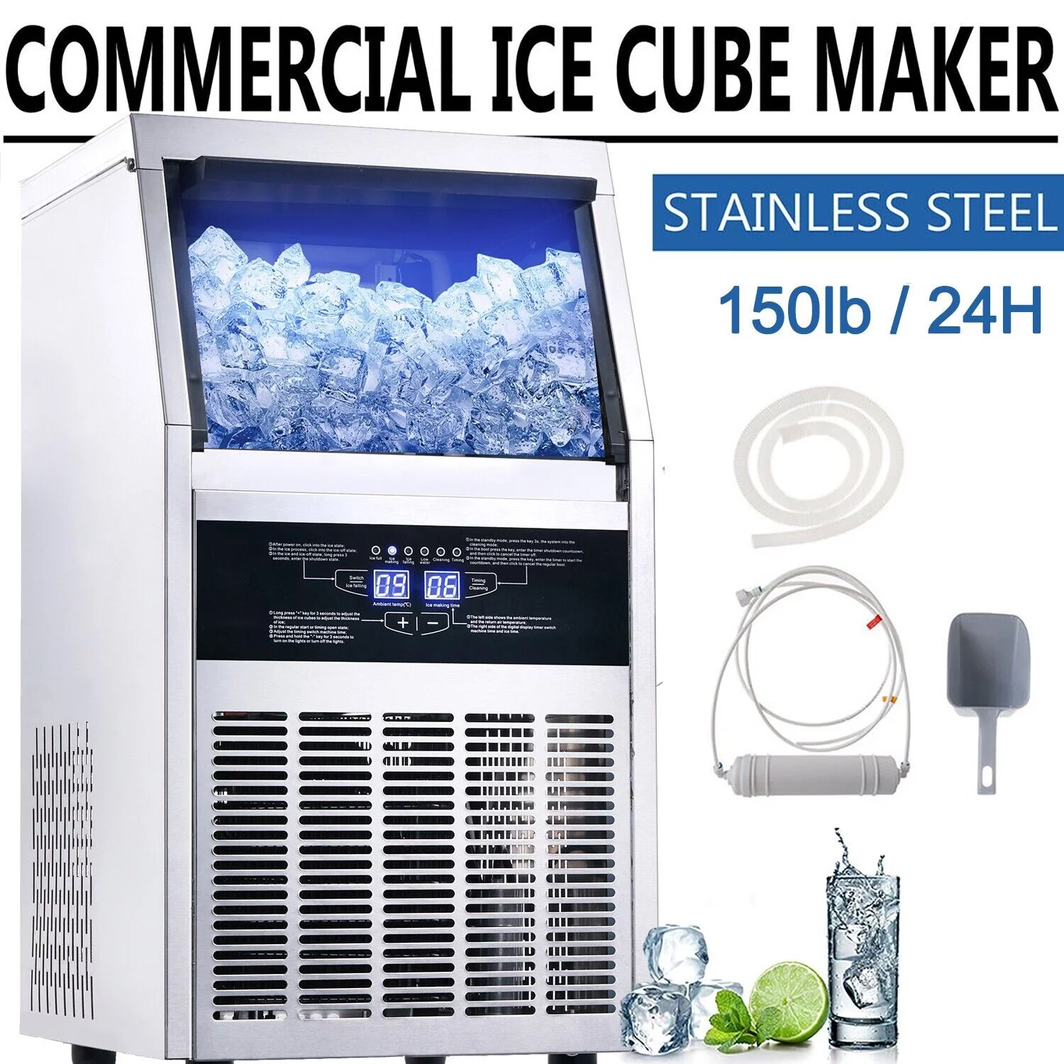 Commercial Ice Maker 150lb Stainless Steel Bar Restaurant Built-in Cube Machine